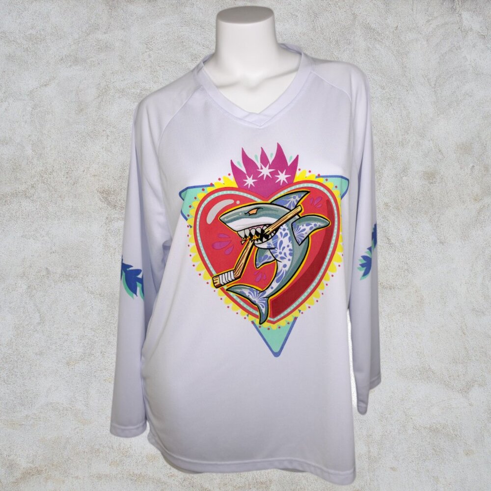 San Jose Sharks Long Sleeve Promo White Jersey V-Neck Logo Graphic Shirt